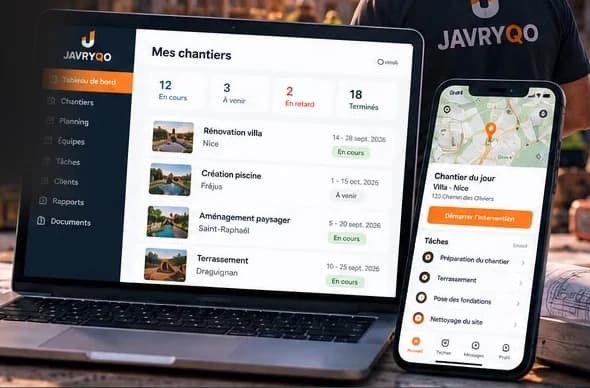 Le tableau de bord JAVRYQO sur ordinateur et l'application terrain sur téléphone